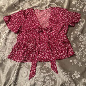 Shein red floral crop blouse with tie size medium
